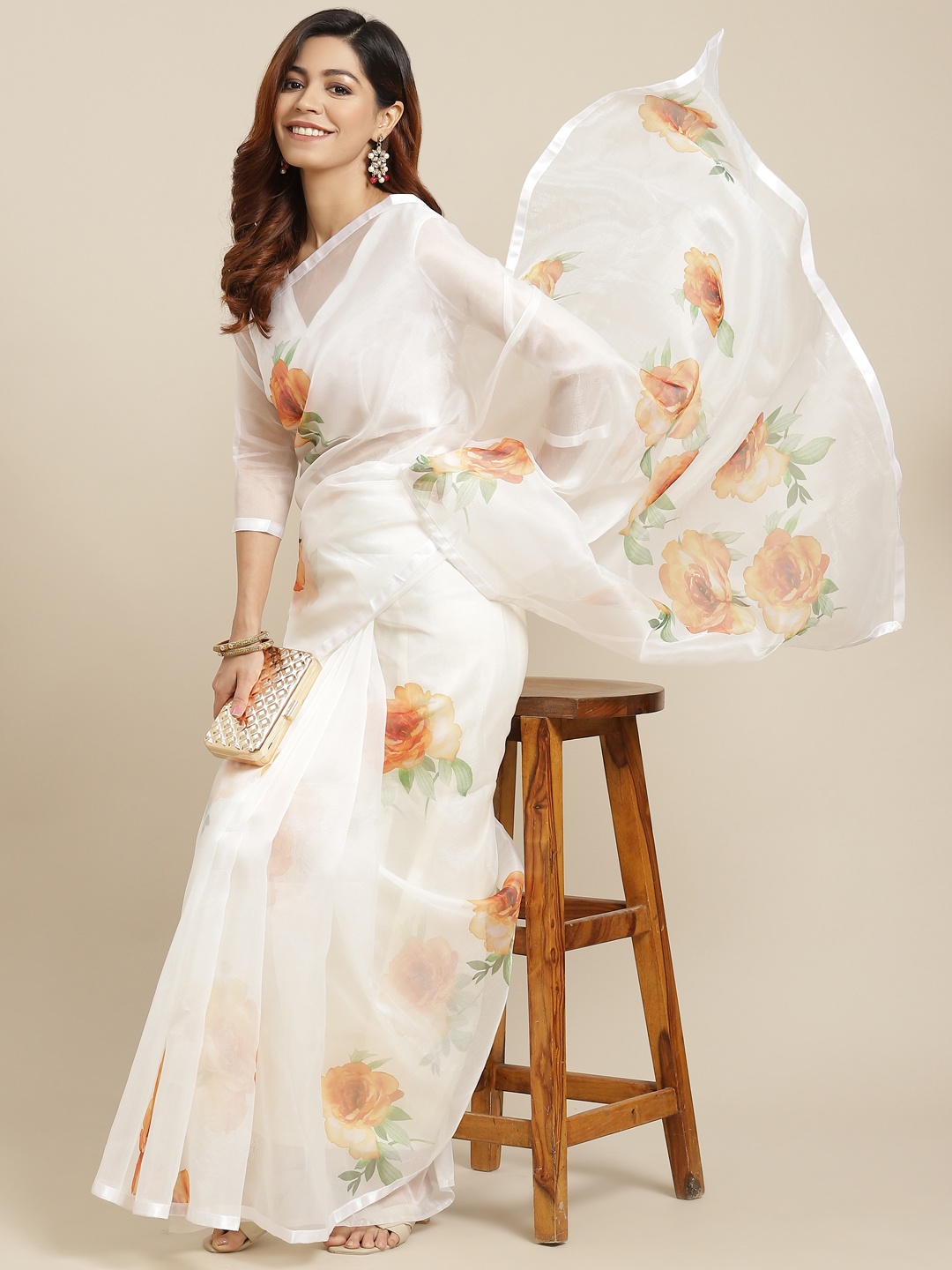 

Mitera White Floral Print Organza Saree