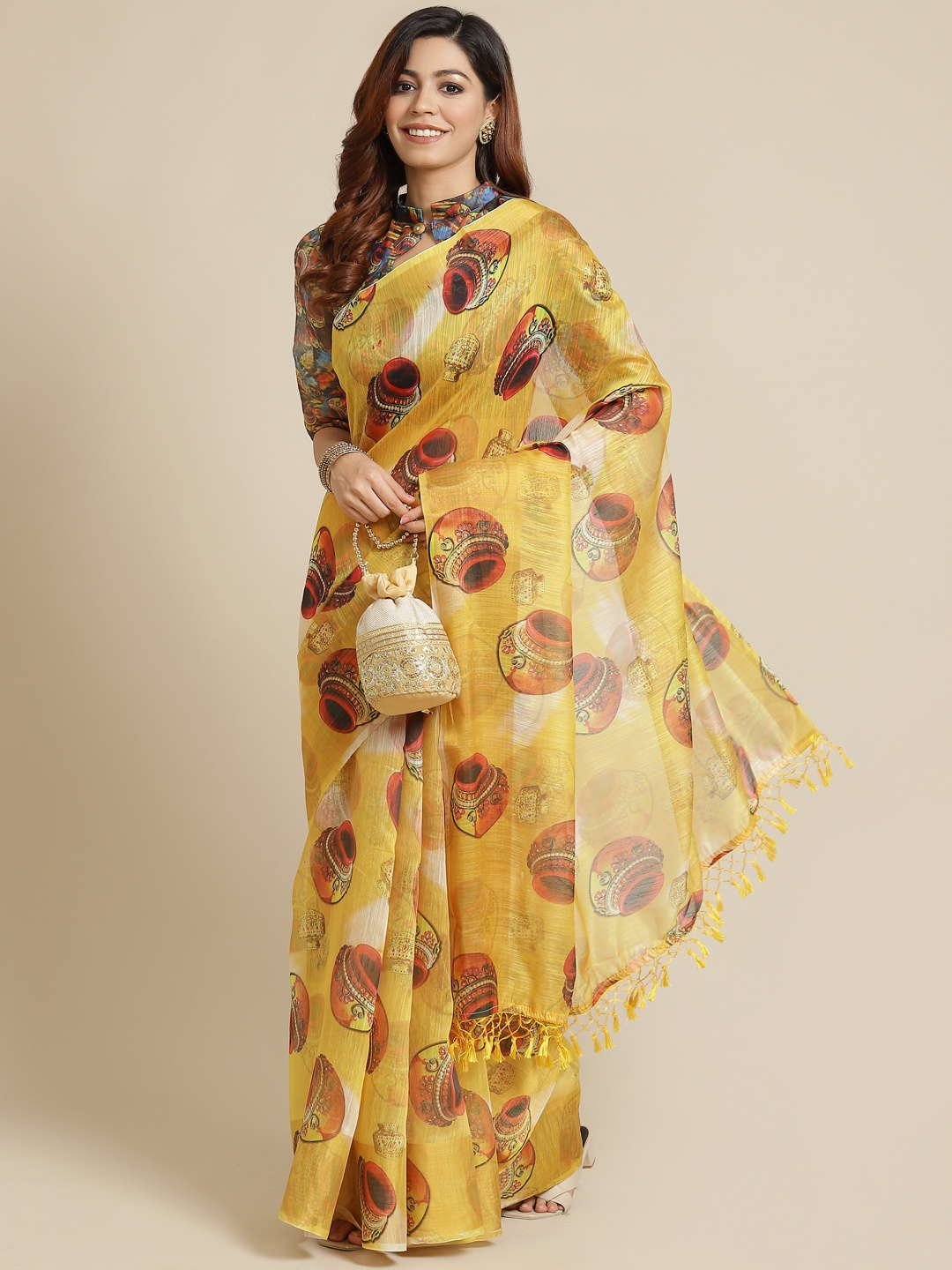 

Mitera Mustard Yellow Kalamkari Print Linen Cotton Handloom Saree