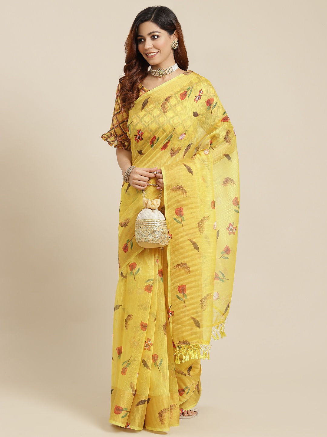 

Mitera Yellow Linen Cotton Floral Print Handloom Saree