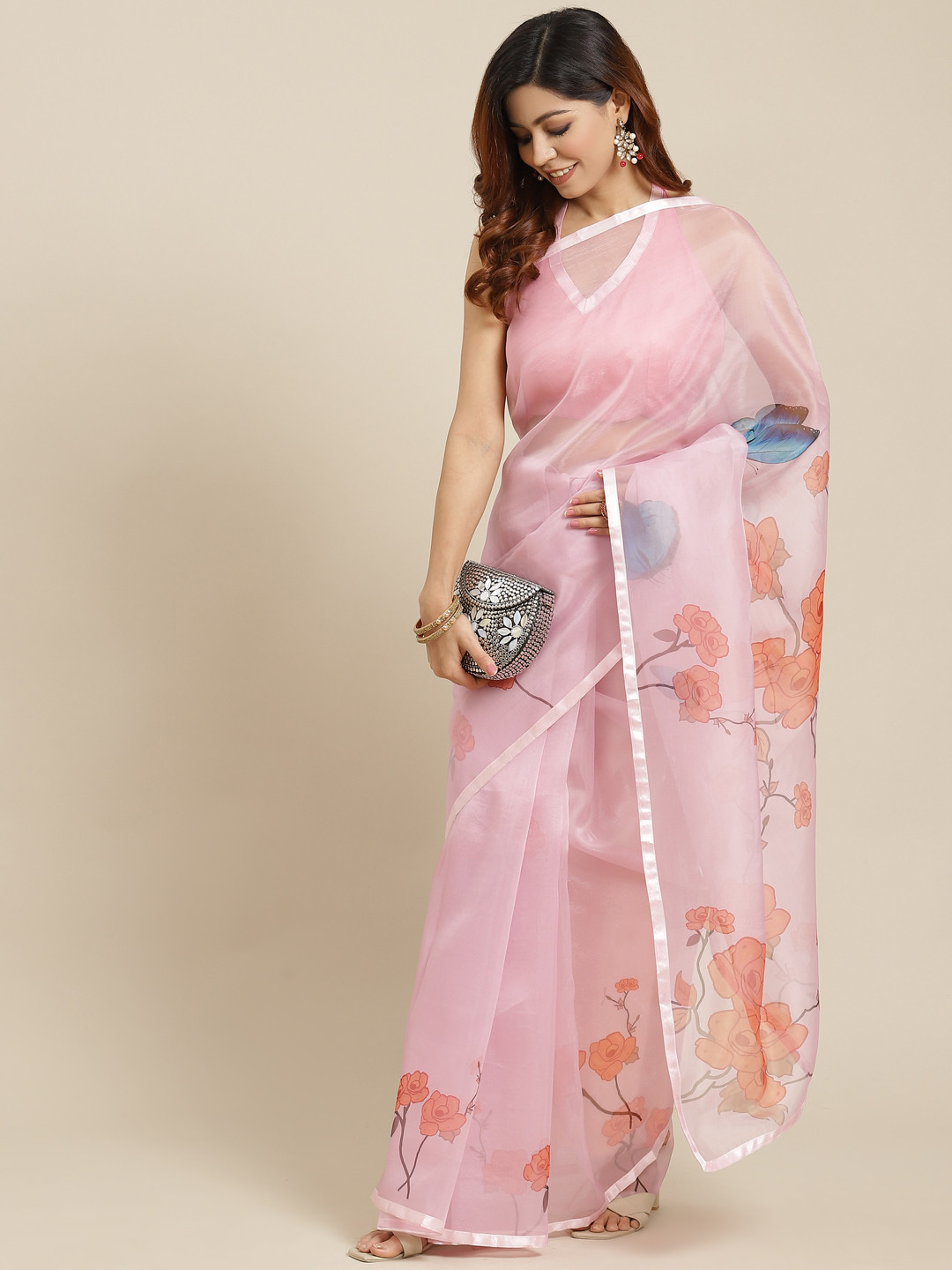 

Mitera Pink Floral Print Organza Saree