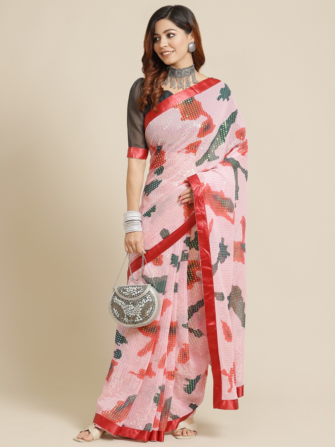 

Mitera Pink & Charcoal Grey Floral Print Sequinned Saree