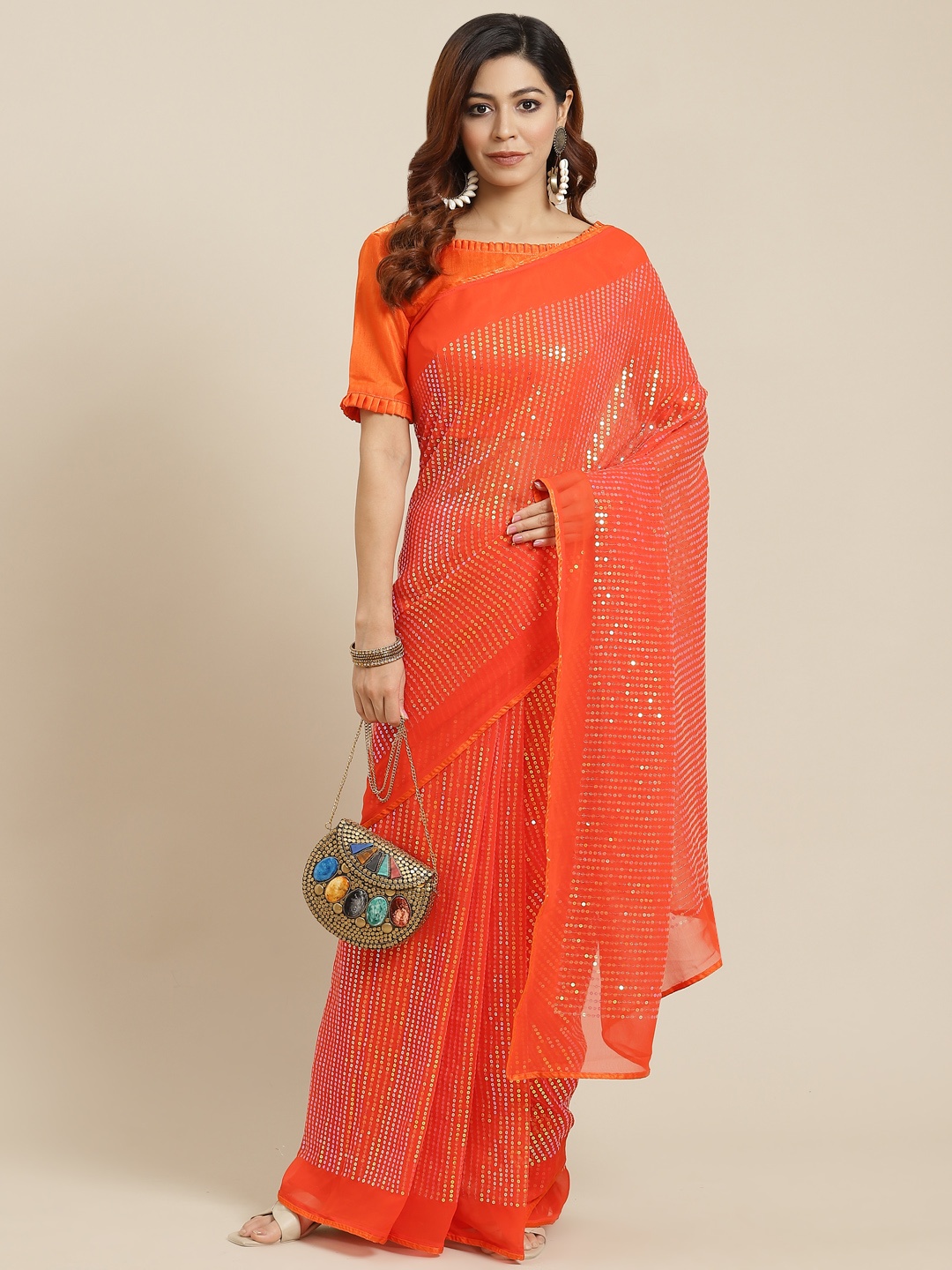 

Mitera Orange Solid Sequinned Saree