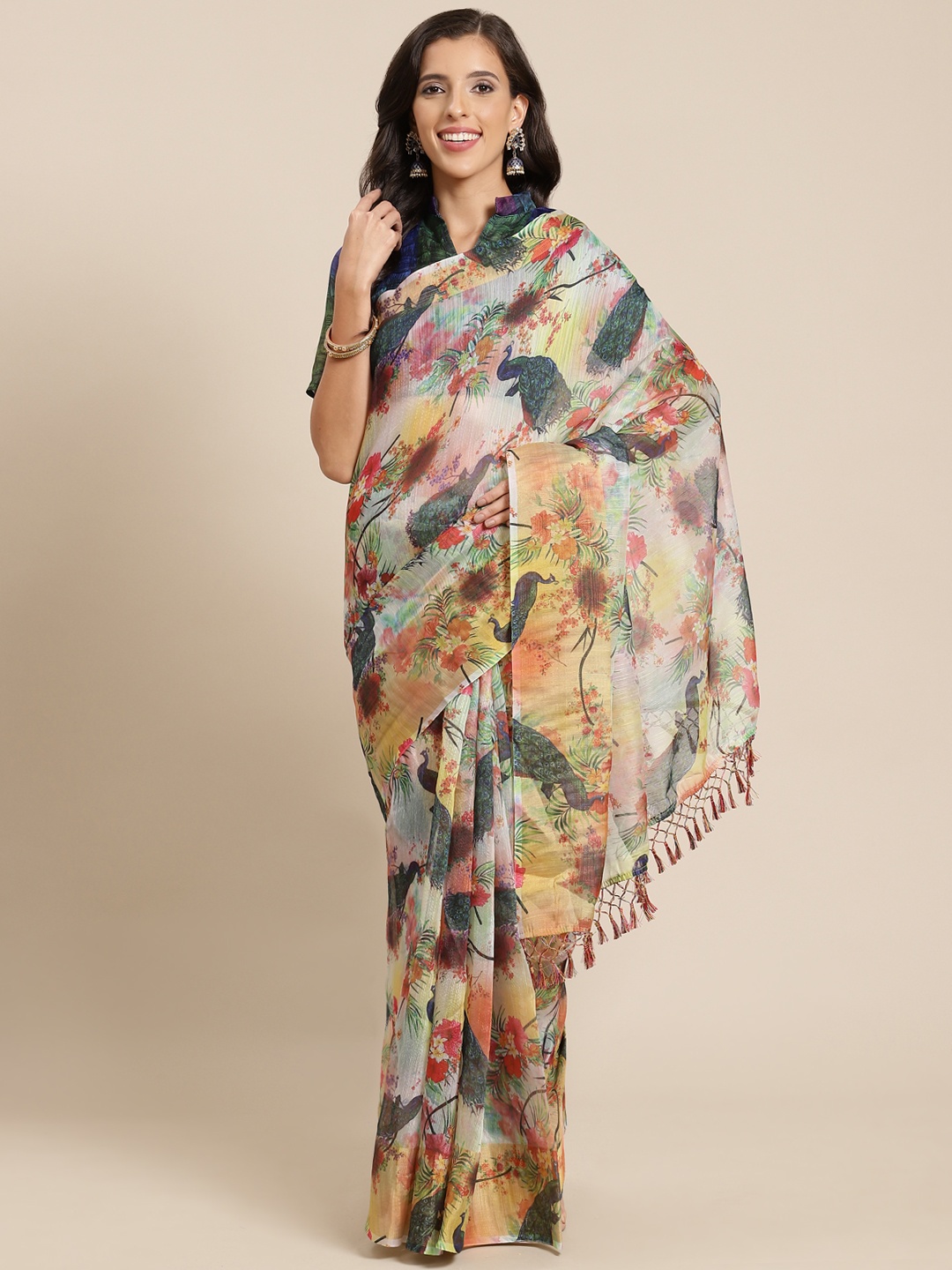 

Mitera Multicoloured Ethnic Motifs Linen Blend Saree, Multi