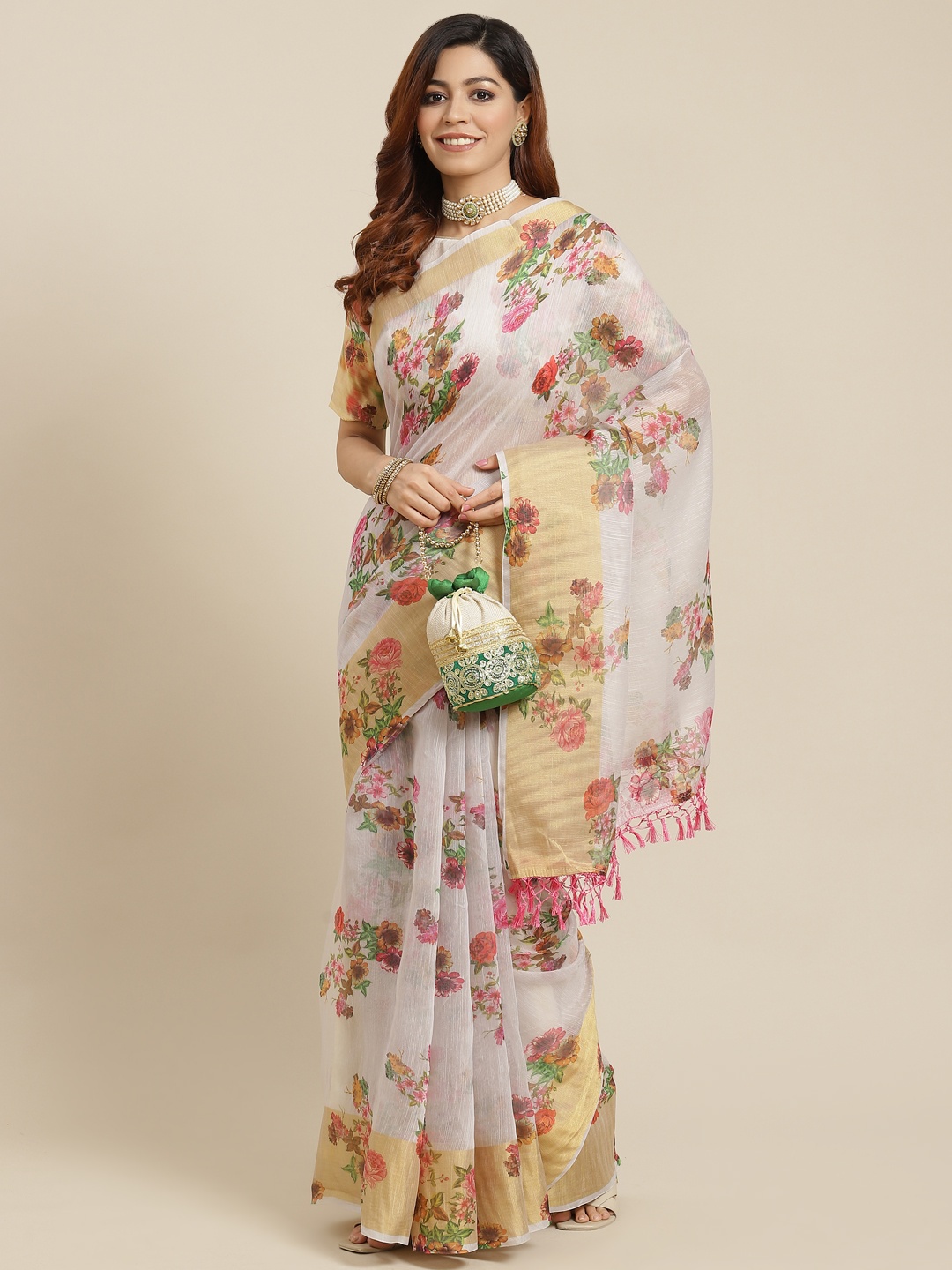 

Mitera White & Coral Red Floral Gotta Patti Linen Blend Saree