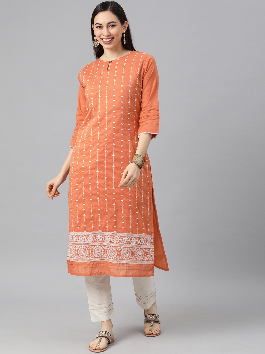 

flaher Women Orange Embroidered Pure Cotton Kurta with Trousers