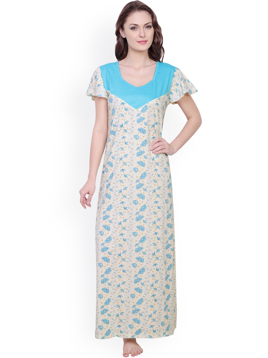 

Claura Beige & Turquoise Blue Floral Print Maxi Nightdress cot-21