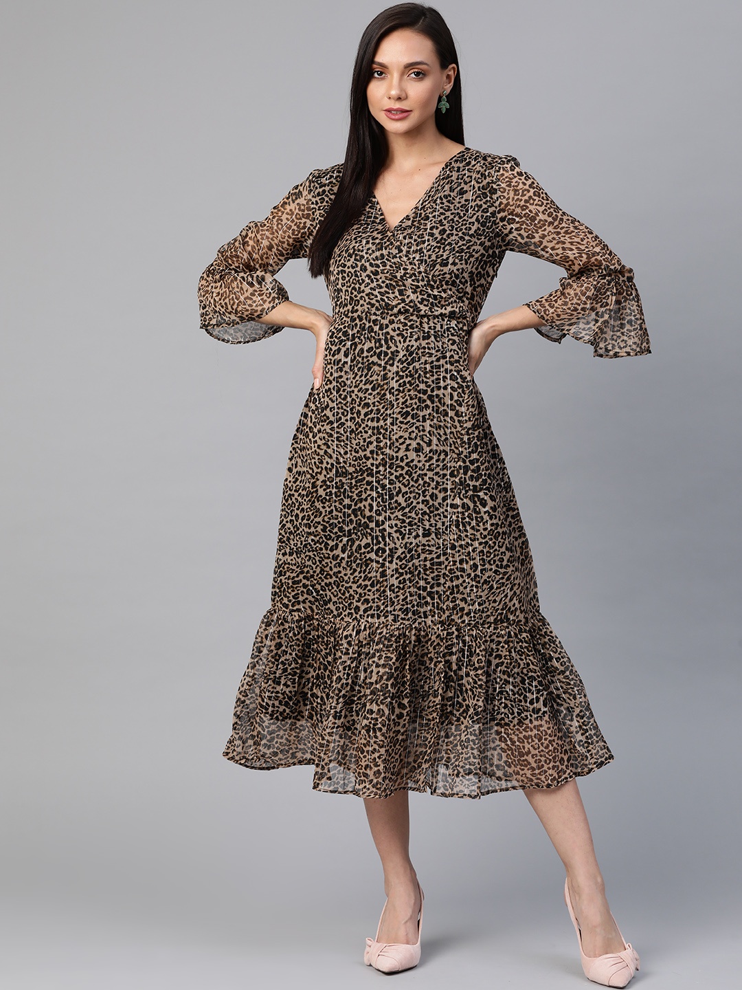 

Cottinfab Beige & Black Animal Print Midi Front Open Wrap Dress