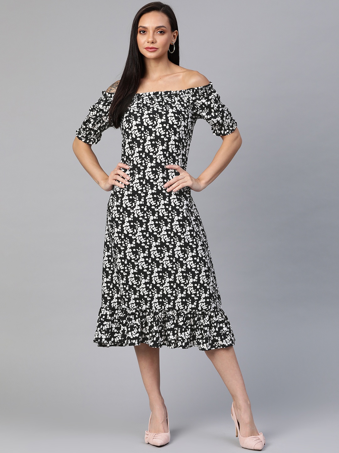 

Cottinfab Black & White Floral Print Off-Shoulder A-Line Midi Dress