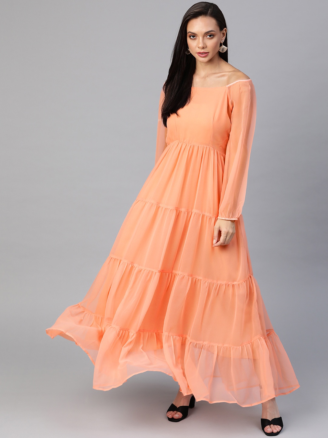 

Cottinfab Peach-Coloured Off-Shoulder Tiered Maxi Dress