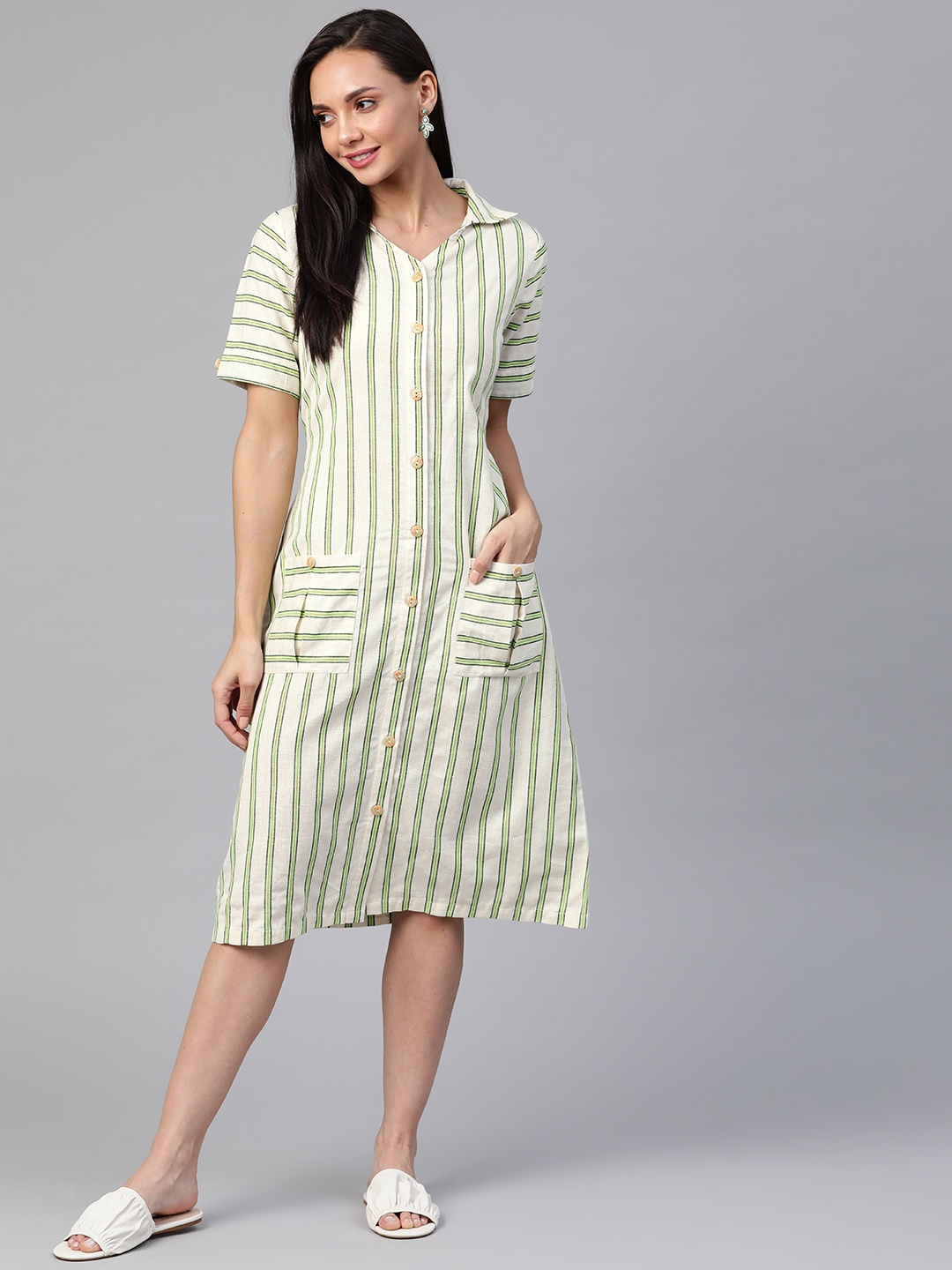 

Cottinfab Off White & Green Striped Shirt Knee-Length Dress