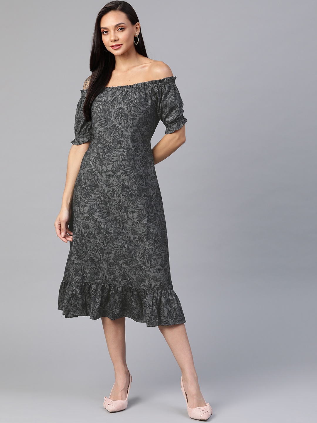 

Cottinfab Charcoal Grey & Black Floral Off-Shoulder A-Line Midi Dress