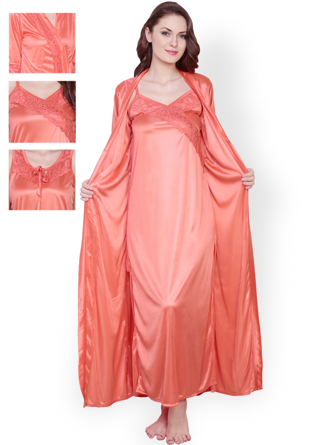 

Claura Pack of 3 Coral Orange Satin Nightdresses ST-04