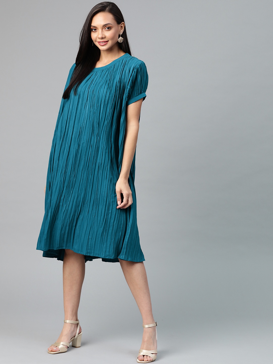 

Cottinfab Teal Blue Accordion Pleated A-Line Dress