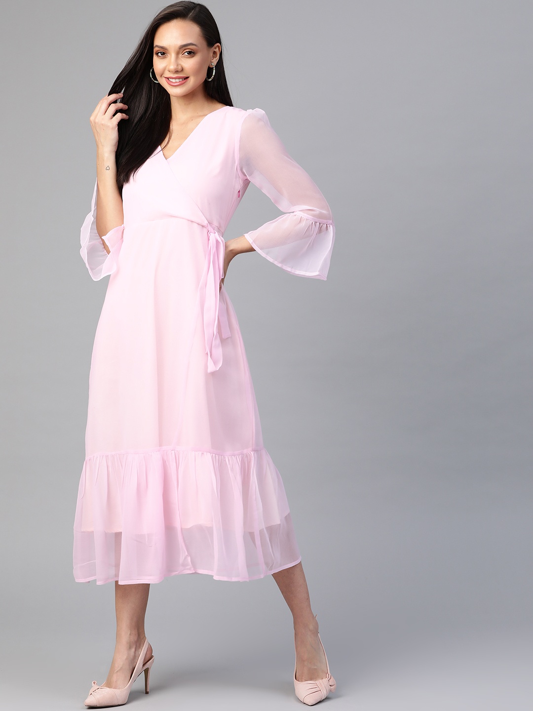 

Cottinfab Pink Solid Midi Wrap Dress