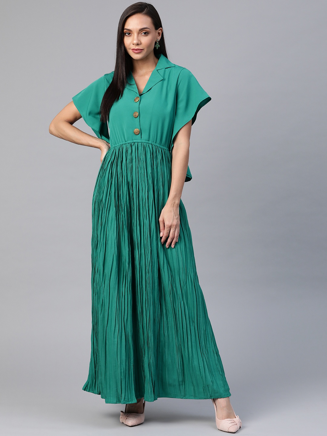 

Cottinfab Green Solid Accordion Pleated Maxi Dress