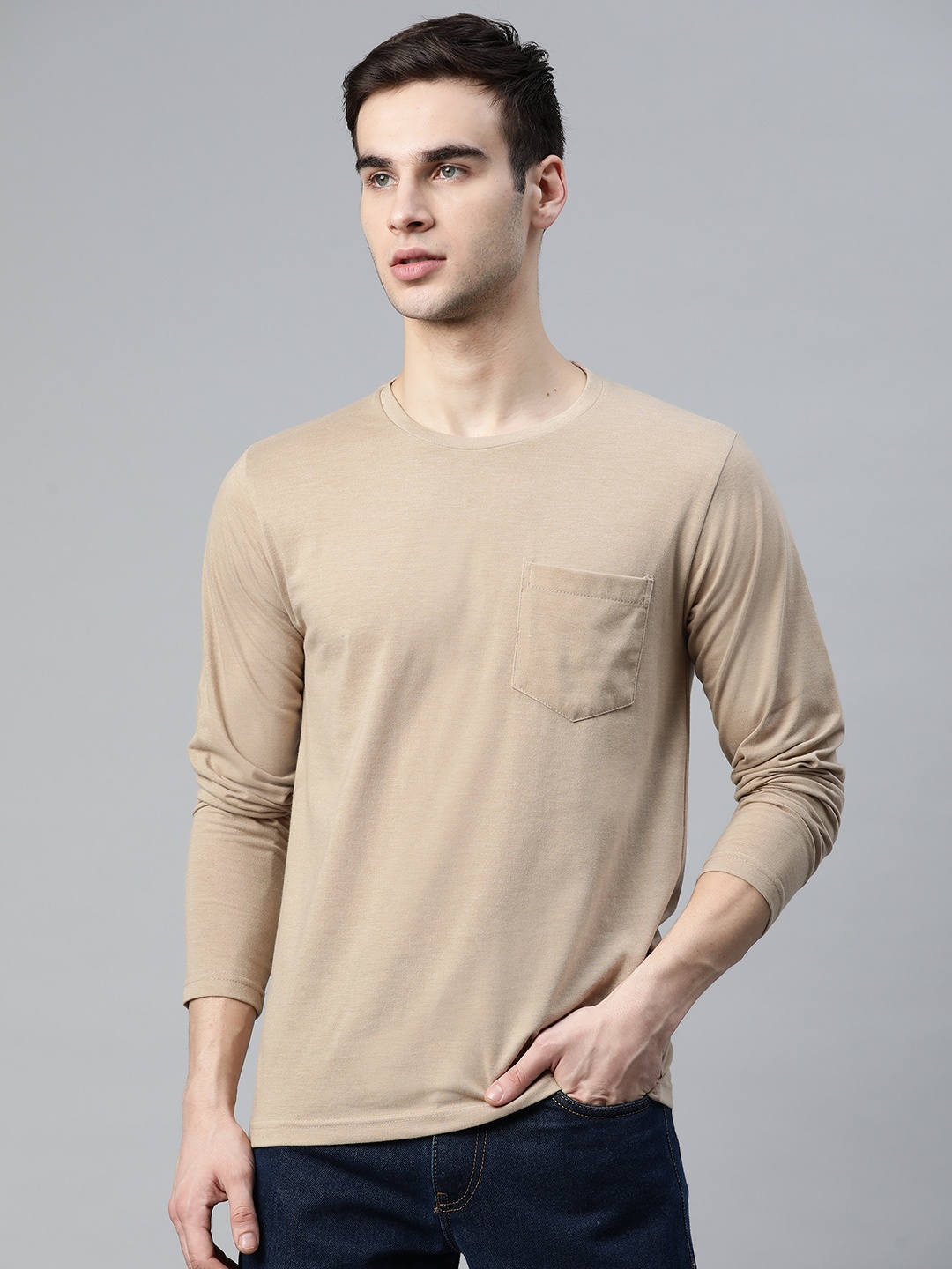 

PICOT Men Beige Solid Pocket T-shirt