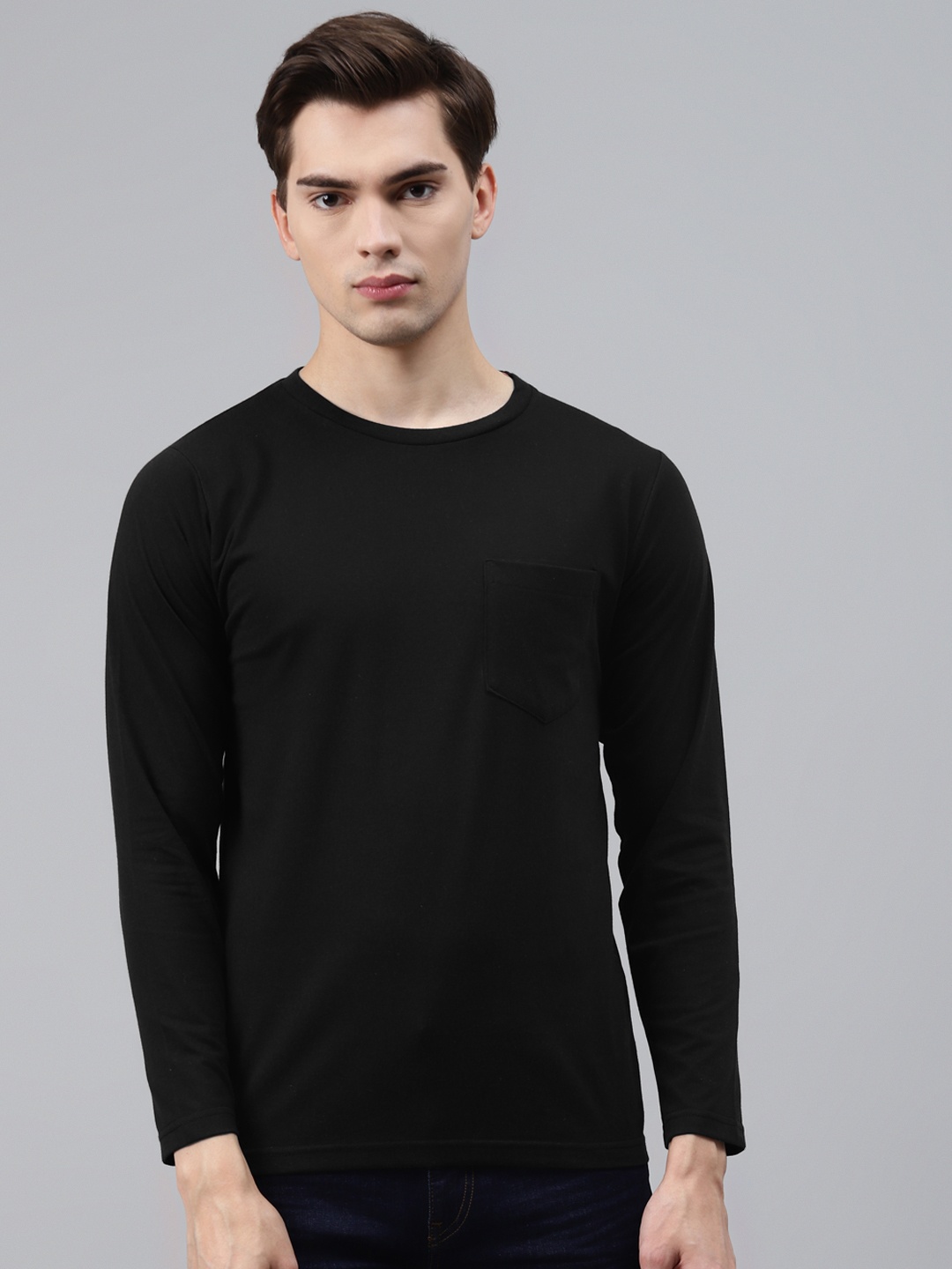 

PICOT Men Black Solid T-shirt With Pocket