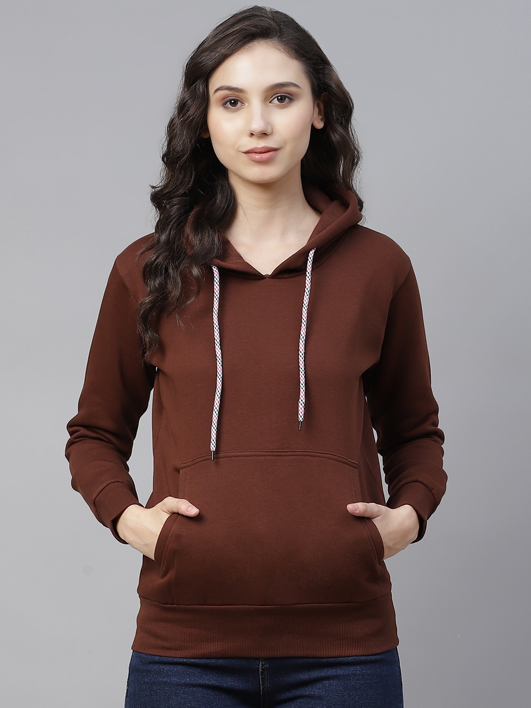 

PICOT Women Brown Solid Hooded Sweatshirt
