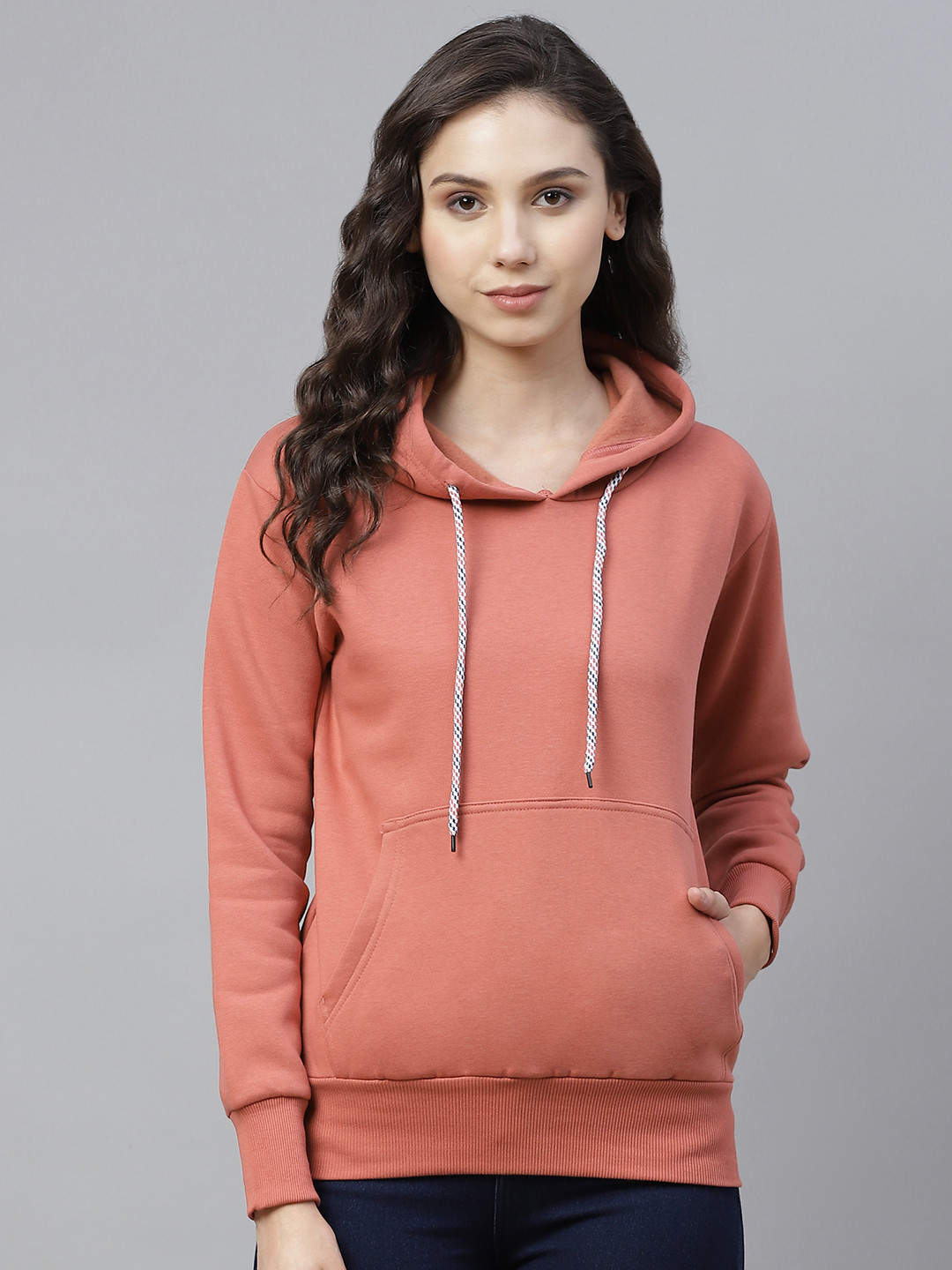 

PICOT Women Peach-Coloured Solid Hooded Sweatshirt
