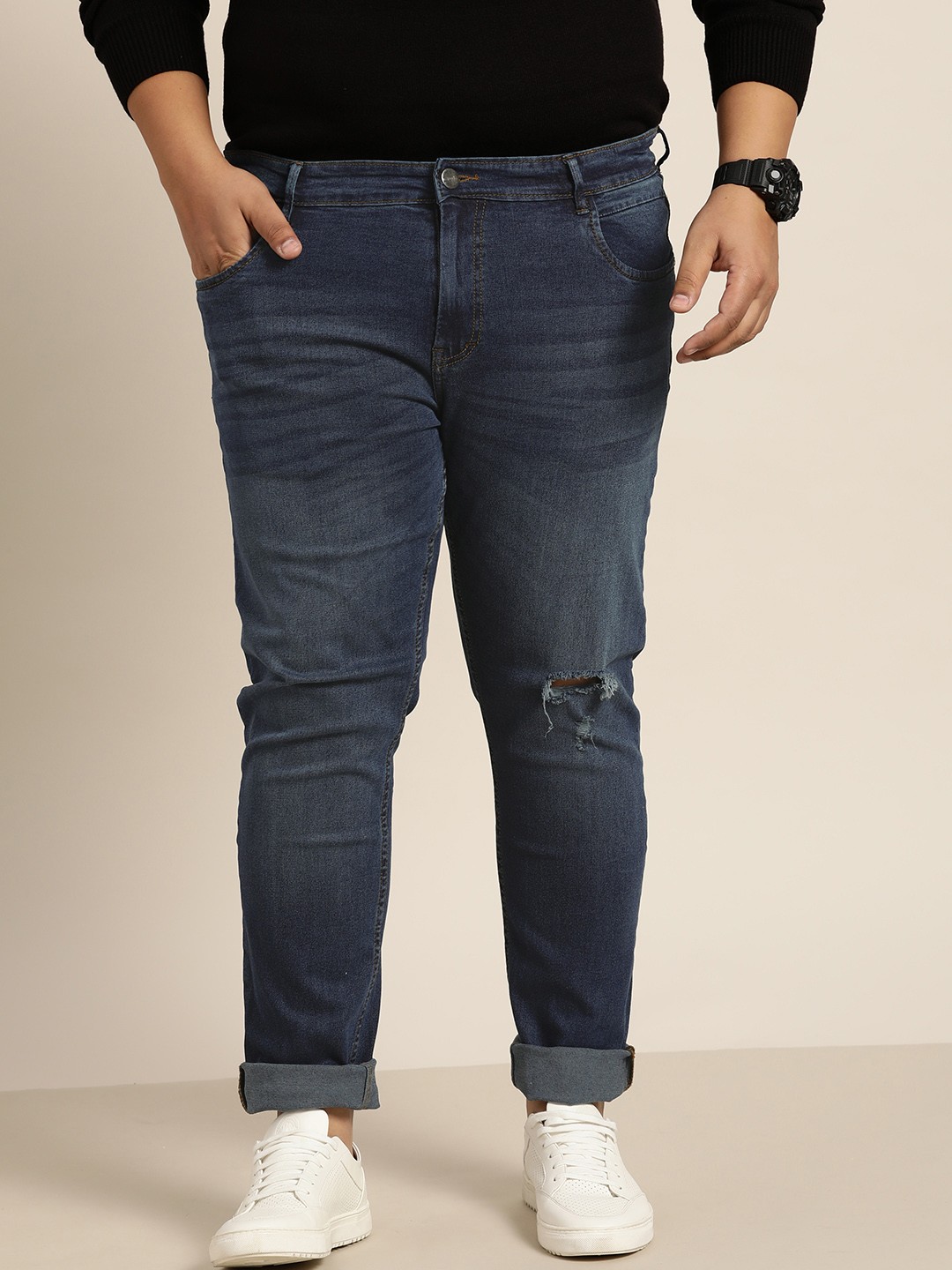 

Sztori Men Plus Size Navy Blue Slim Tapered Fit Mildly Distressed Stretchable Jeans