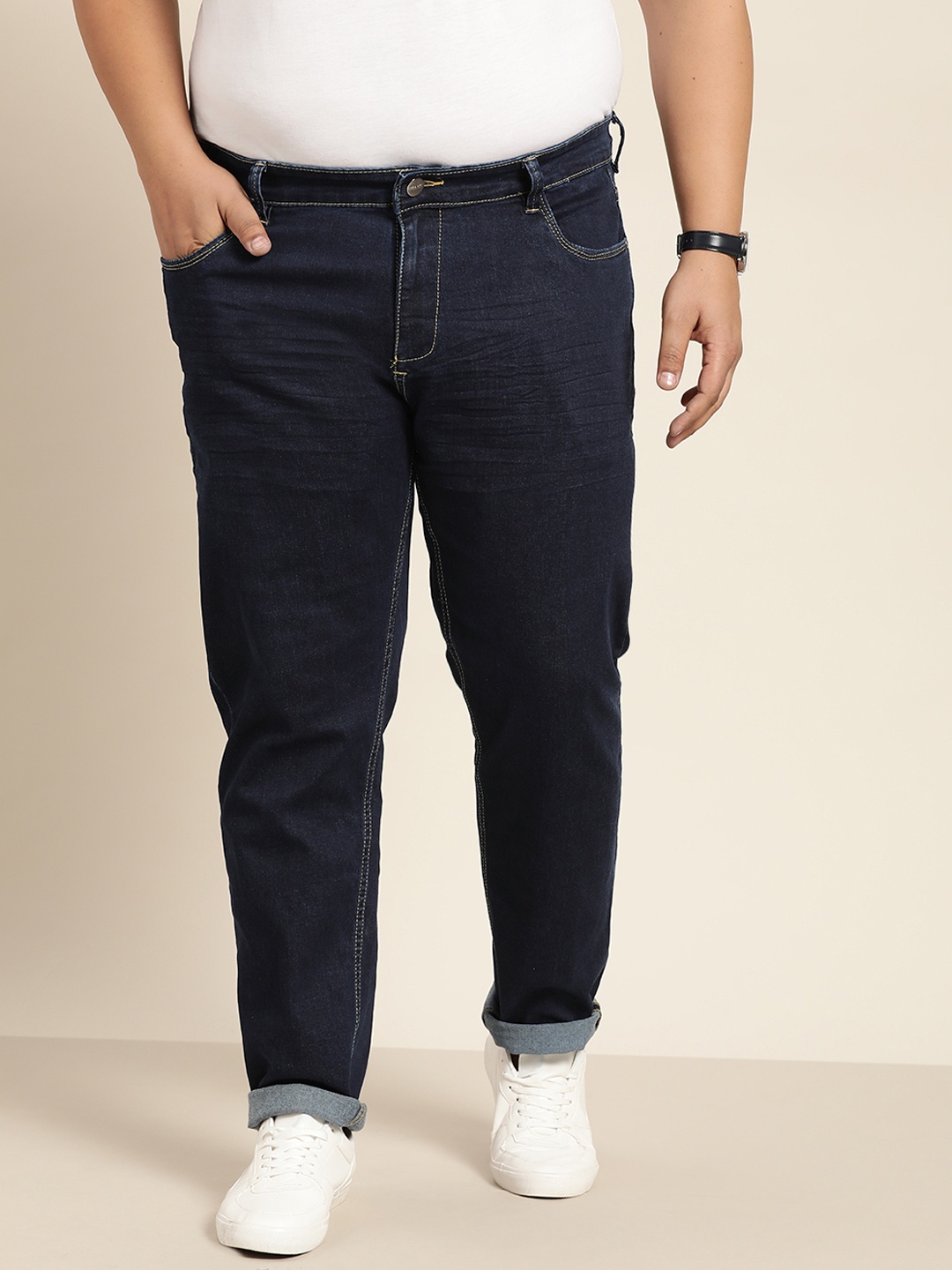 

Sztori Men Plus Size Navy Blue Tapered Fit Stretchable Jeans