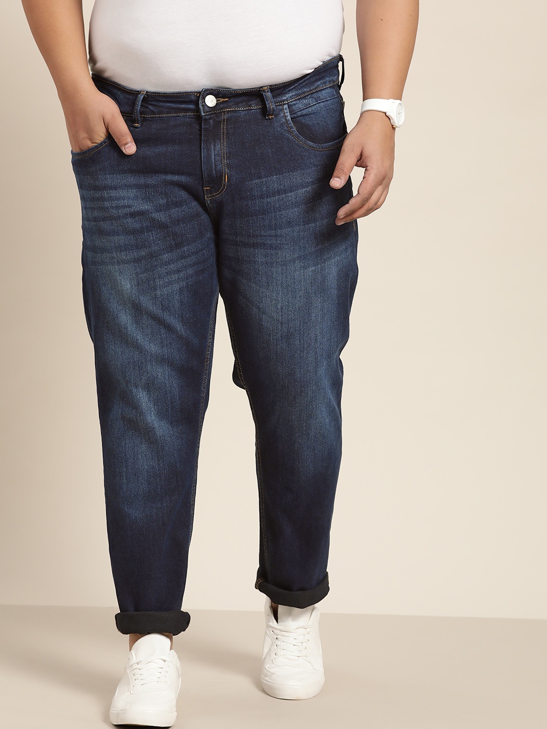 

Sztori Men Plus Size Navy Blue Slim Tapered Fit Light Fade Stretchable Jeans