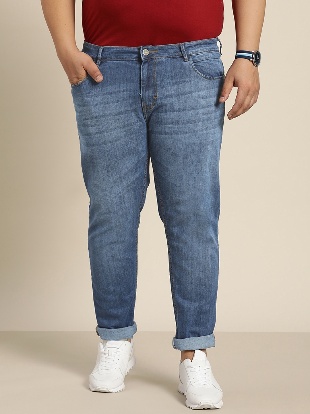

Sztori Plus Size Men Blue Slim Tapered Fit Light Fade Stretchable Jeans