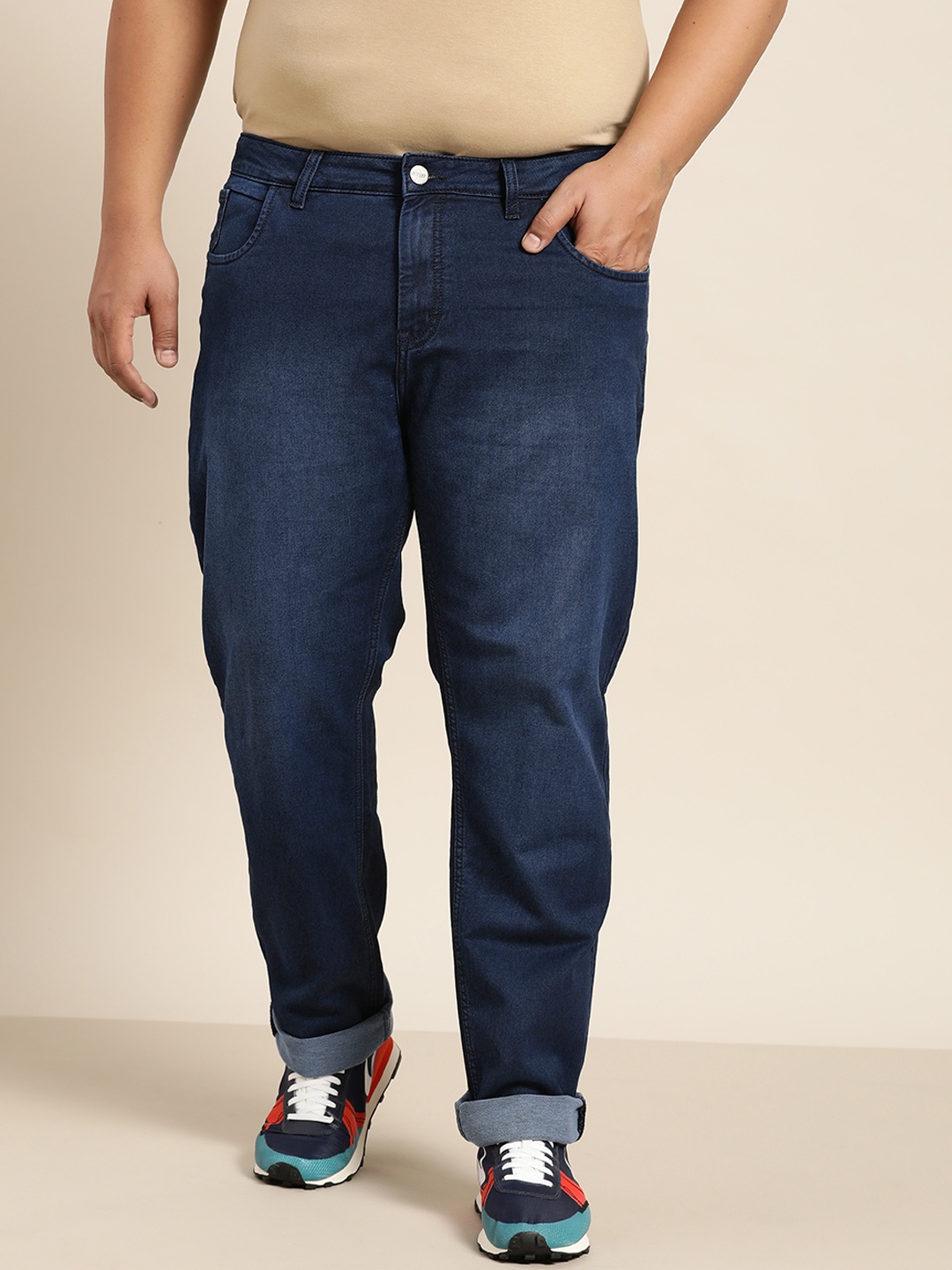 

Sztori Men Plus Size Navy Blue Slim Tapered Fit Light Fade Jeans