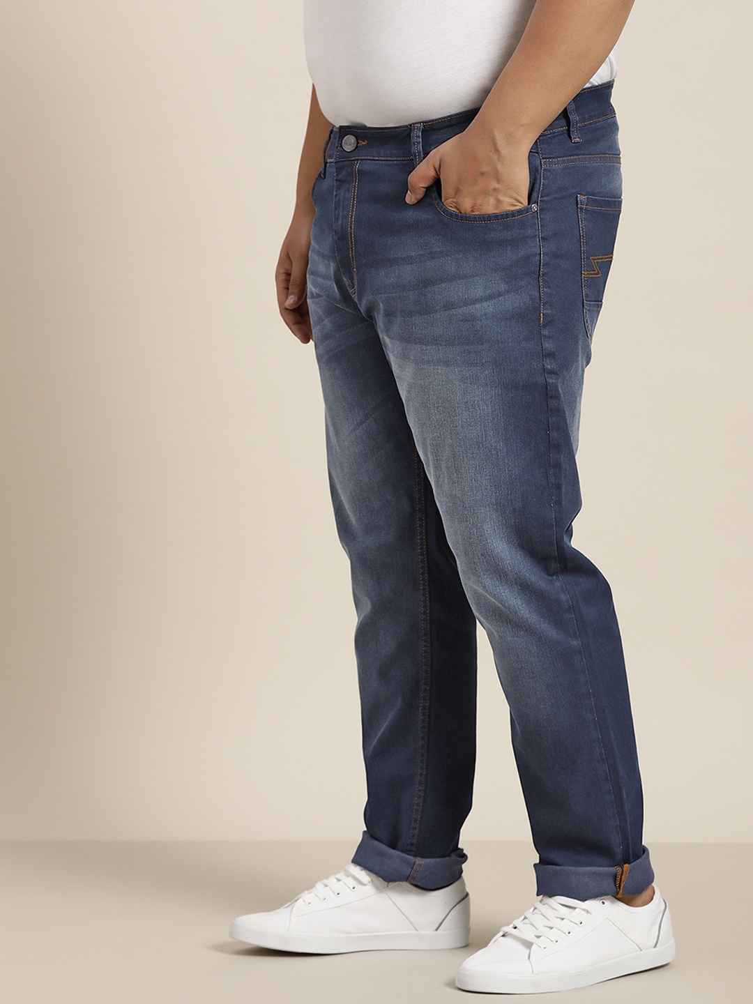 

Sztori Men Plus Size Navy Blue Slim Tapered Fit Light Fade Stretchable Jeans