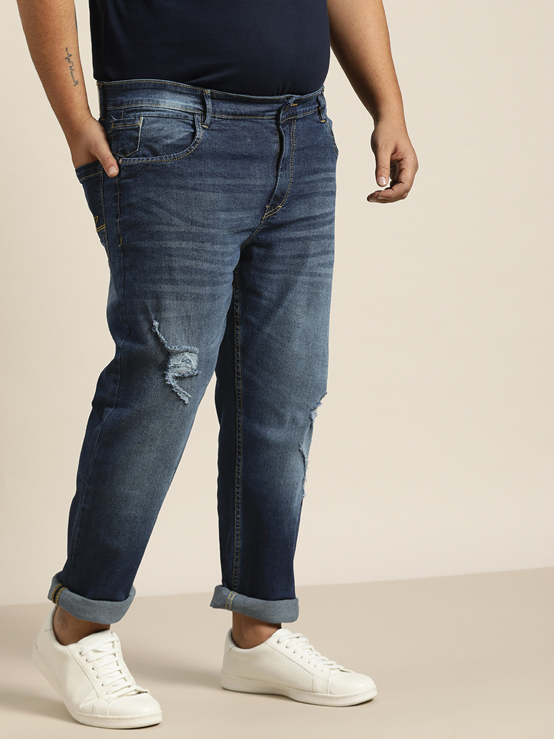 

Sztori Men Plus Size Navy Blue Mildly Distressed Slim Tapered Fit Stretchable Jeans