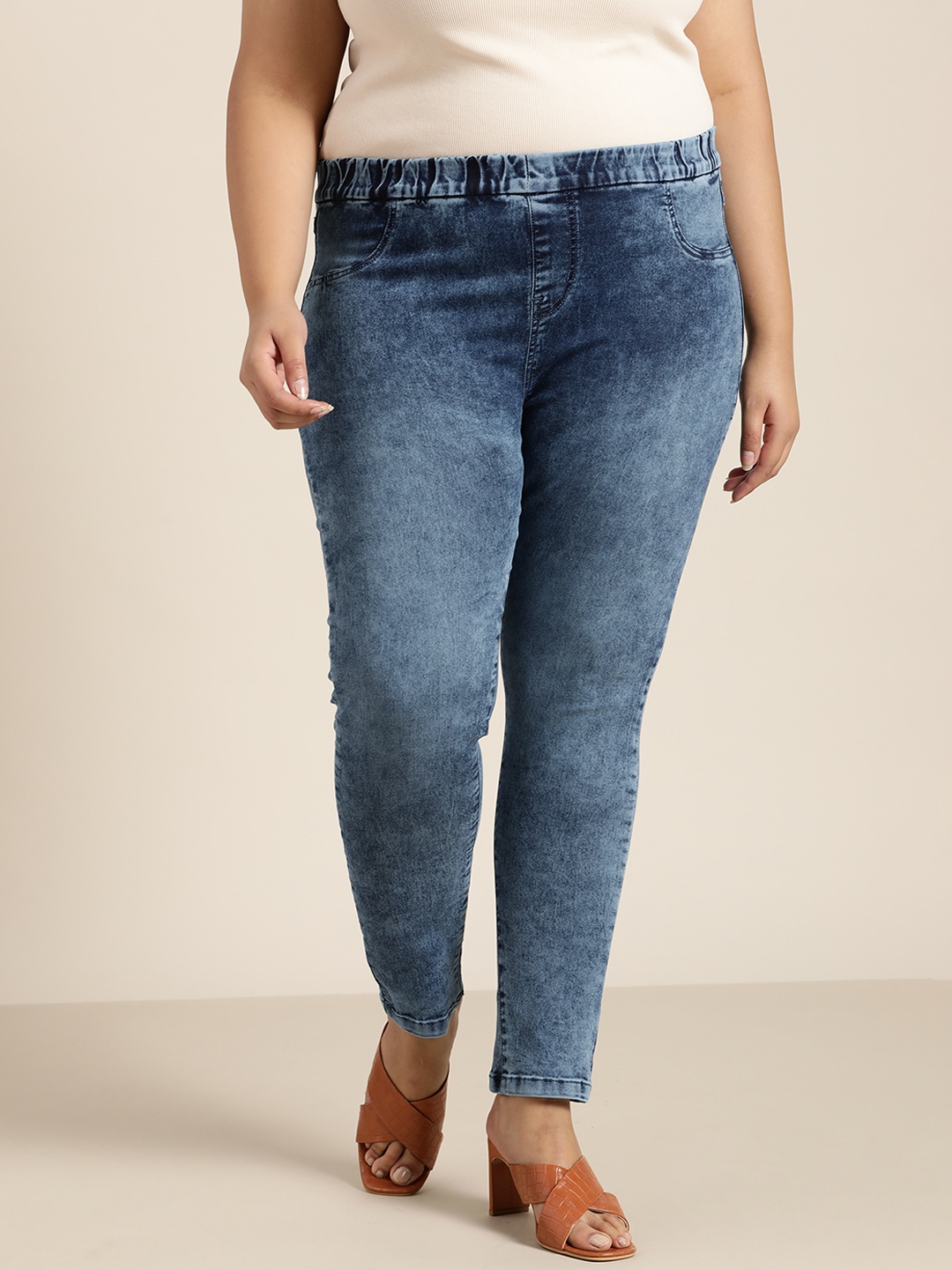 

Sztori Women Plus Size Navy Blue Acid Wash Jeggings