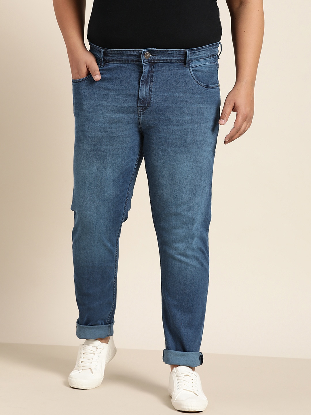 

Sztori Men Plus Size Navy Blue Slim Tapered Fit Light Fade Stretchable Jeans