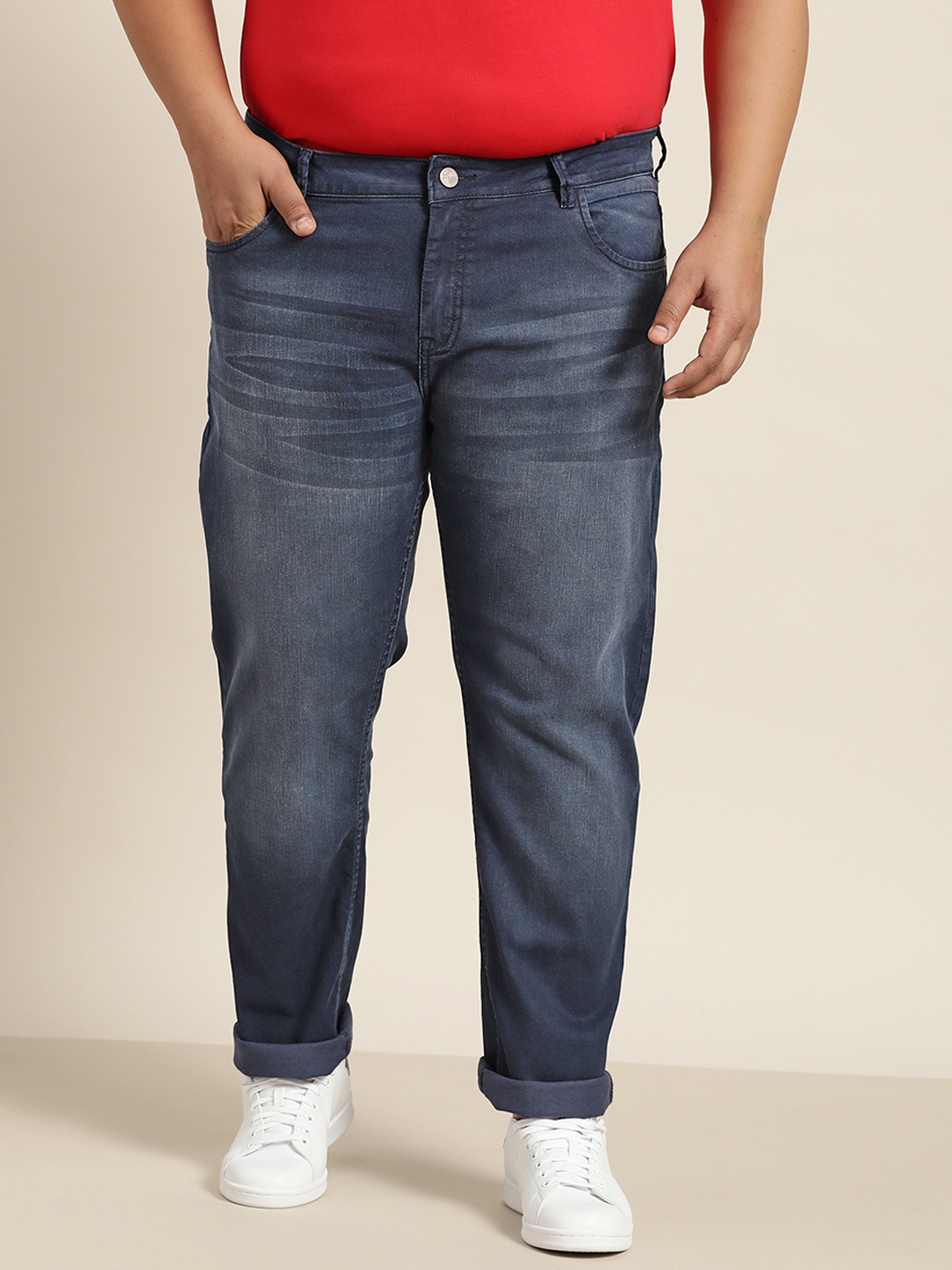 

Sztori Men Plus Size Navy Blue Slim Tapered Fit Light Fade Jeans