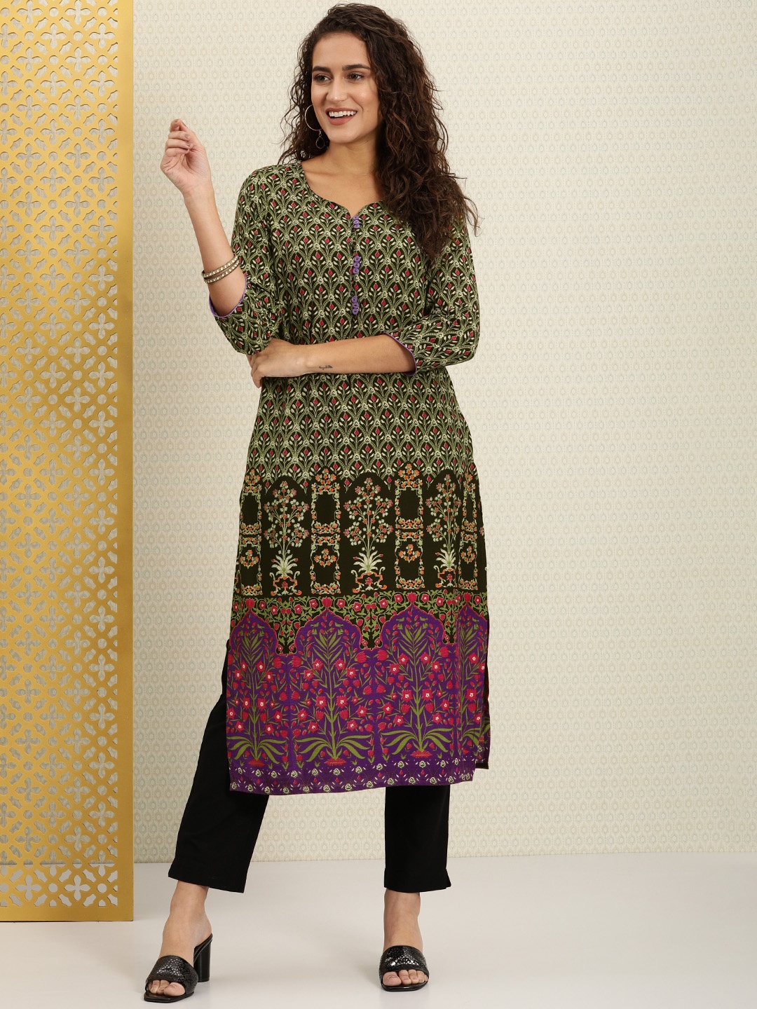 

House of Pataudi Women Olive Green & Purple Ethnic Motifs Printed Rozana Kurta