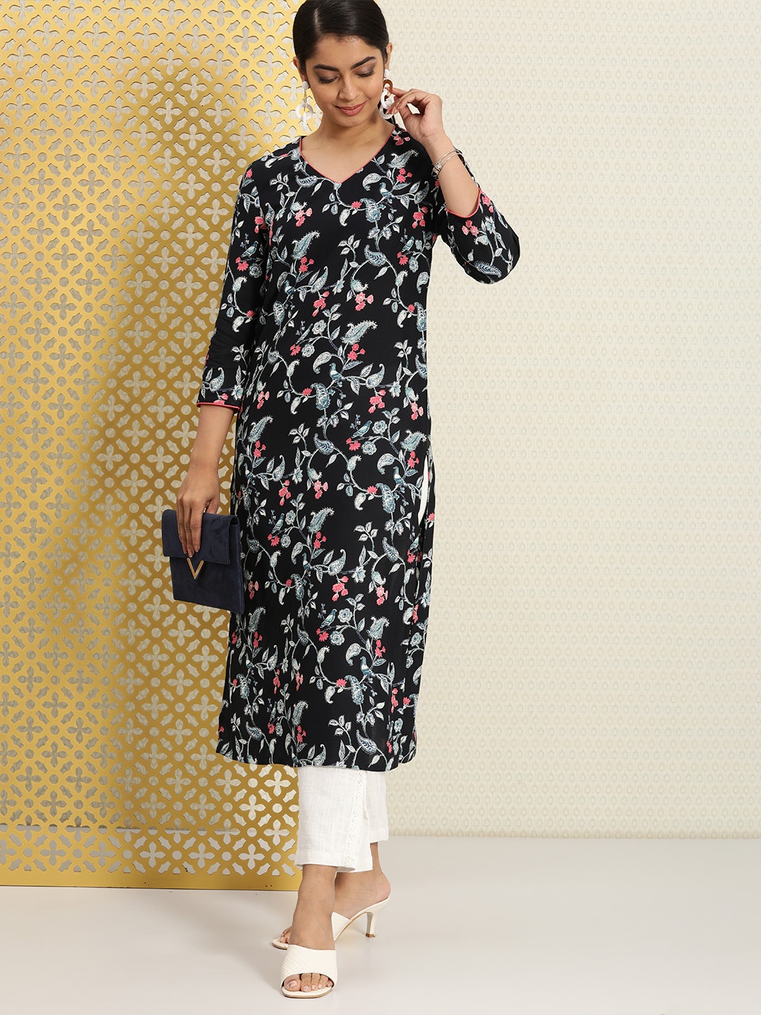 

House of Pataudi Women Navy Blue Ethnic Motifs Printed Kurta