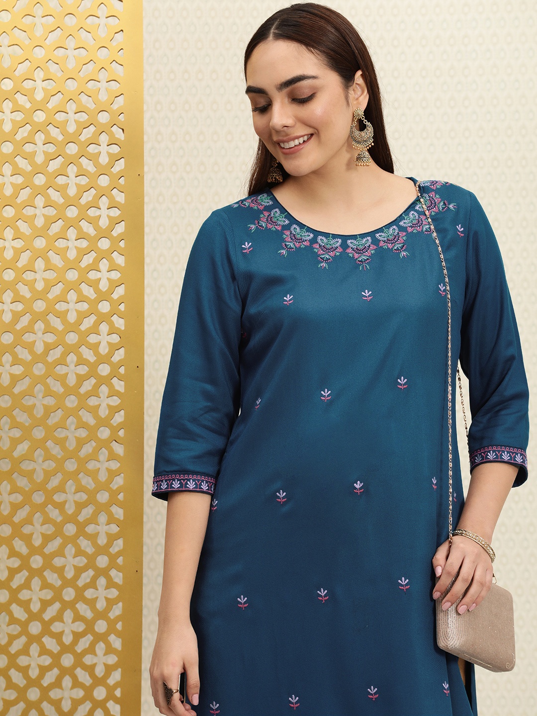 

House of Pataudi Women Teal Blue Ethnic Motifs Embroidered Thread Work Jashn Kurta