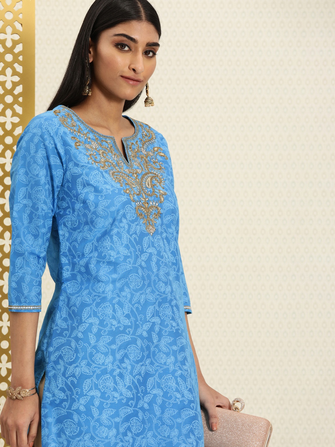 

House of Pataudi Women Blue Floral Printed Rozana Kurta