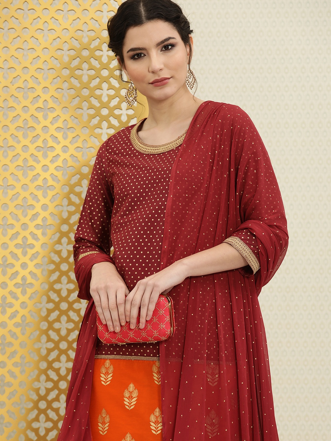 

House of Pataudi Women Red Printed Rozana Kurti with Palazzos & With Dupatta