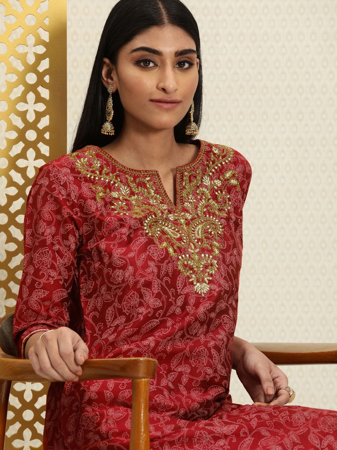 

House of Pataudi Women Maroon Floral Printed Rozana Kurta