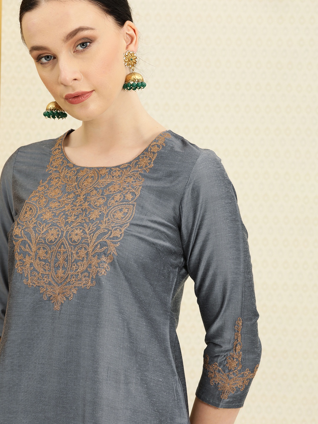 

House of Pataudi Women Blue Embellished Zardozi Kurta