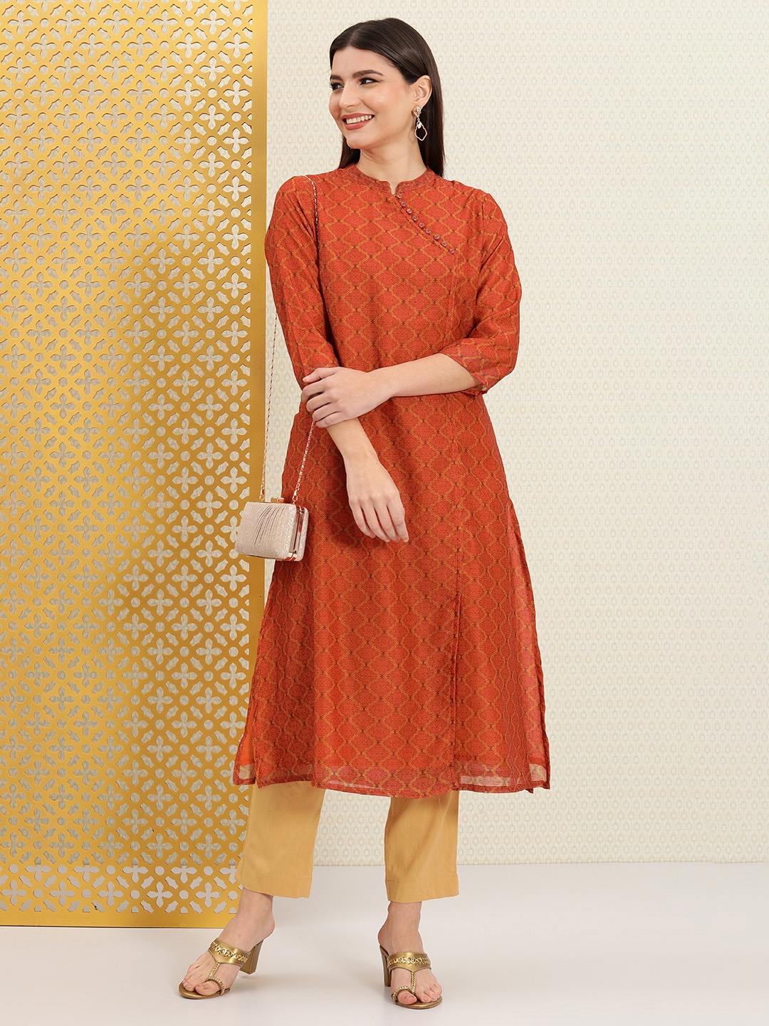 

House of Pataudi Women Orange & Beige Ethnic Motifs Print Angrakha A-Line Jashn Kurta