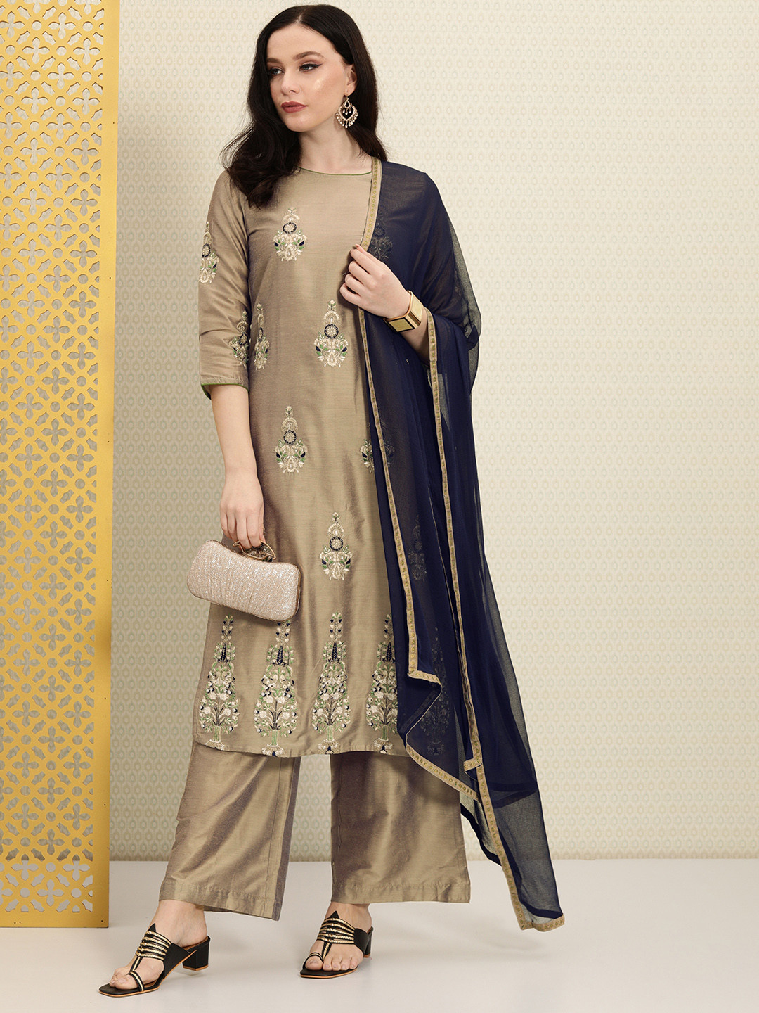 

House of Pataudi Women Nude Ethnic Motifs Embroidered Jashn Kurta with Palazzos & Dupatta