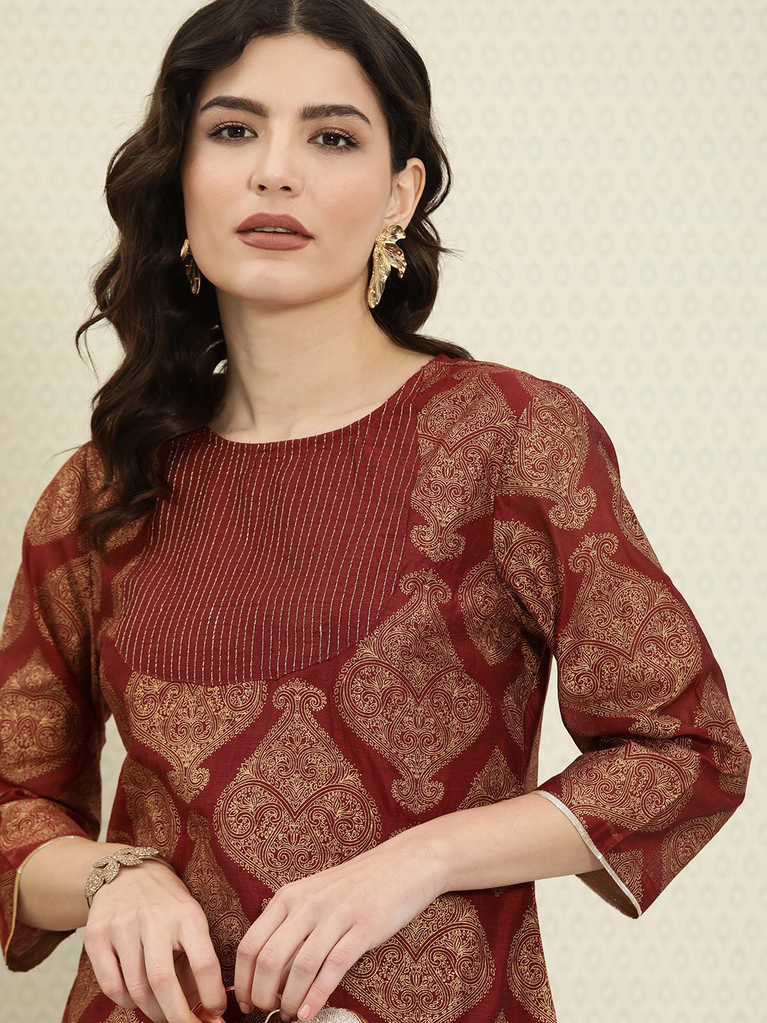 

House of Pataudi Women Maroon & Gold-Toned Ethnic Motifs Printed Jashn Kurta