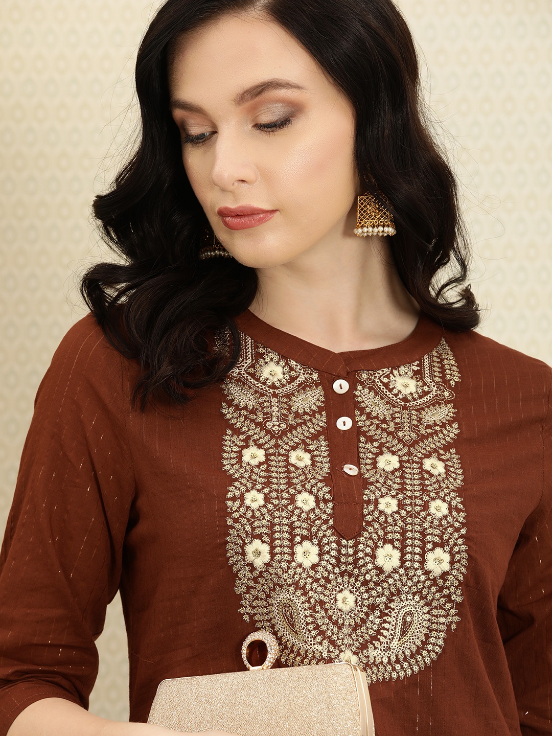 

House of Pataudi Women Brown Striped Rozana Straight Kurta with Embroidered Detail