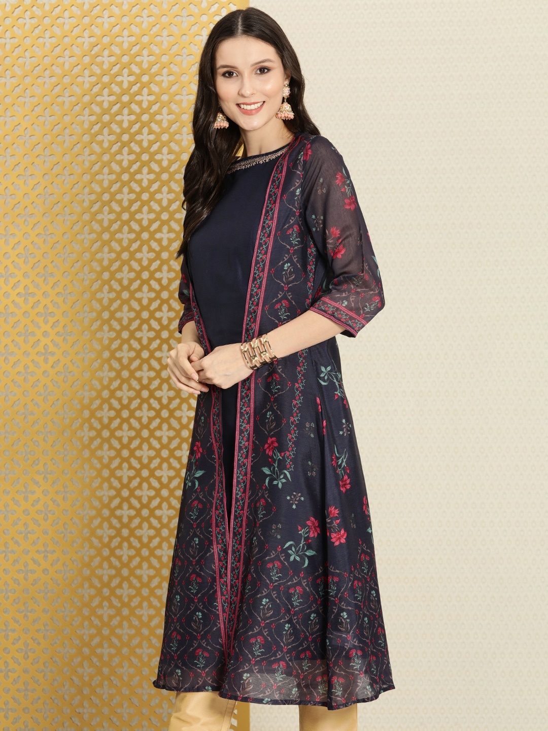 

House of Pataudi Women Navy Blue Floral Printed Rozana Layered Kurta
