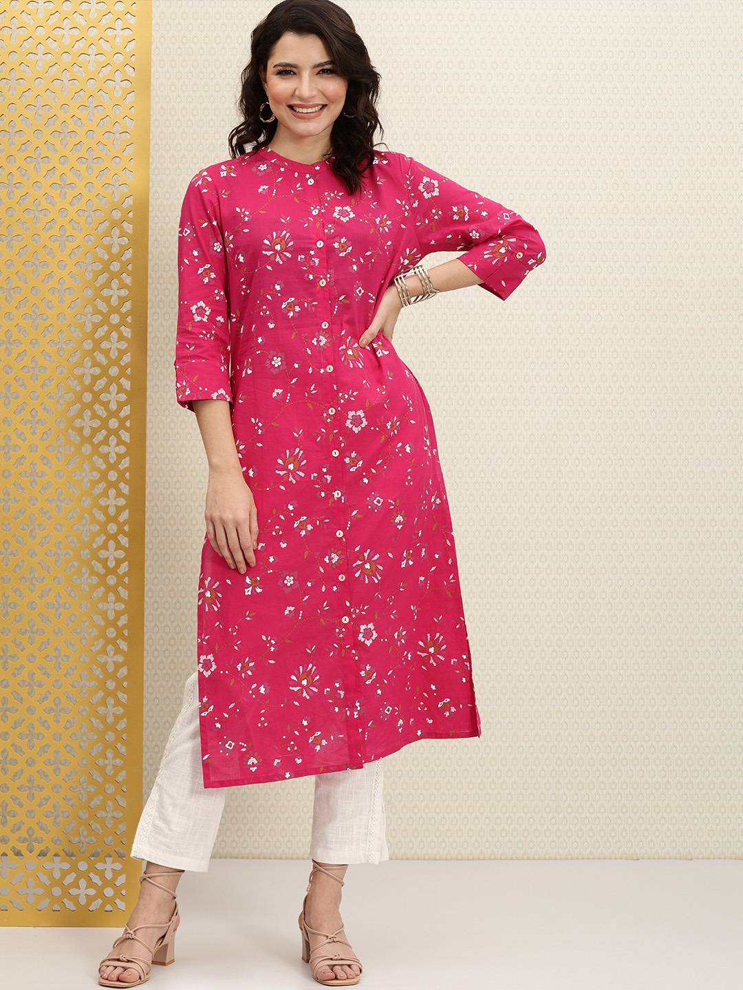 

House of Pataudi Women Pink Floral Printed Rozana Kurta