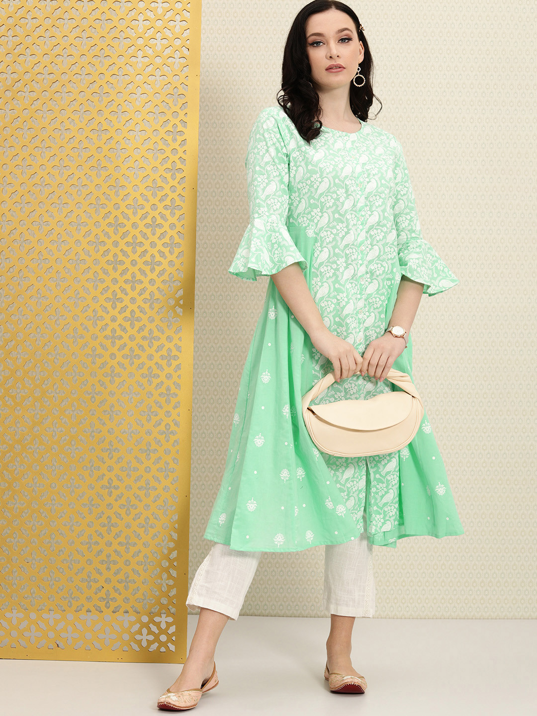 

House of Pataudi Women Sea Green & White Ethnic Motifs Printed Bell Sleeves Rozana Kurta