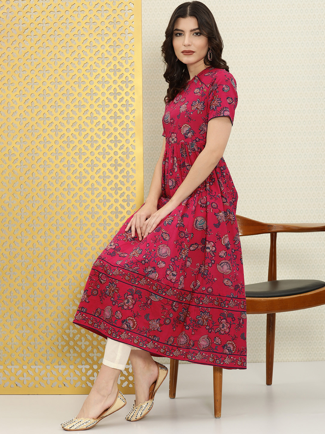 

House of Pataudi Women Magenta Floral Printed Pure Cotton Rozana Anarkali Kurta