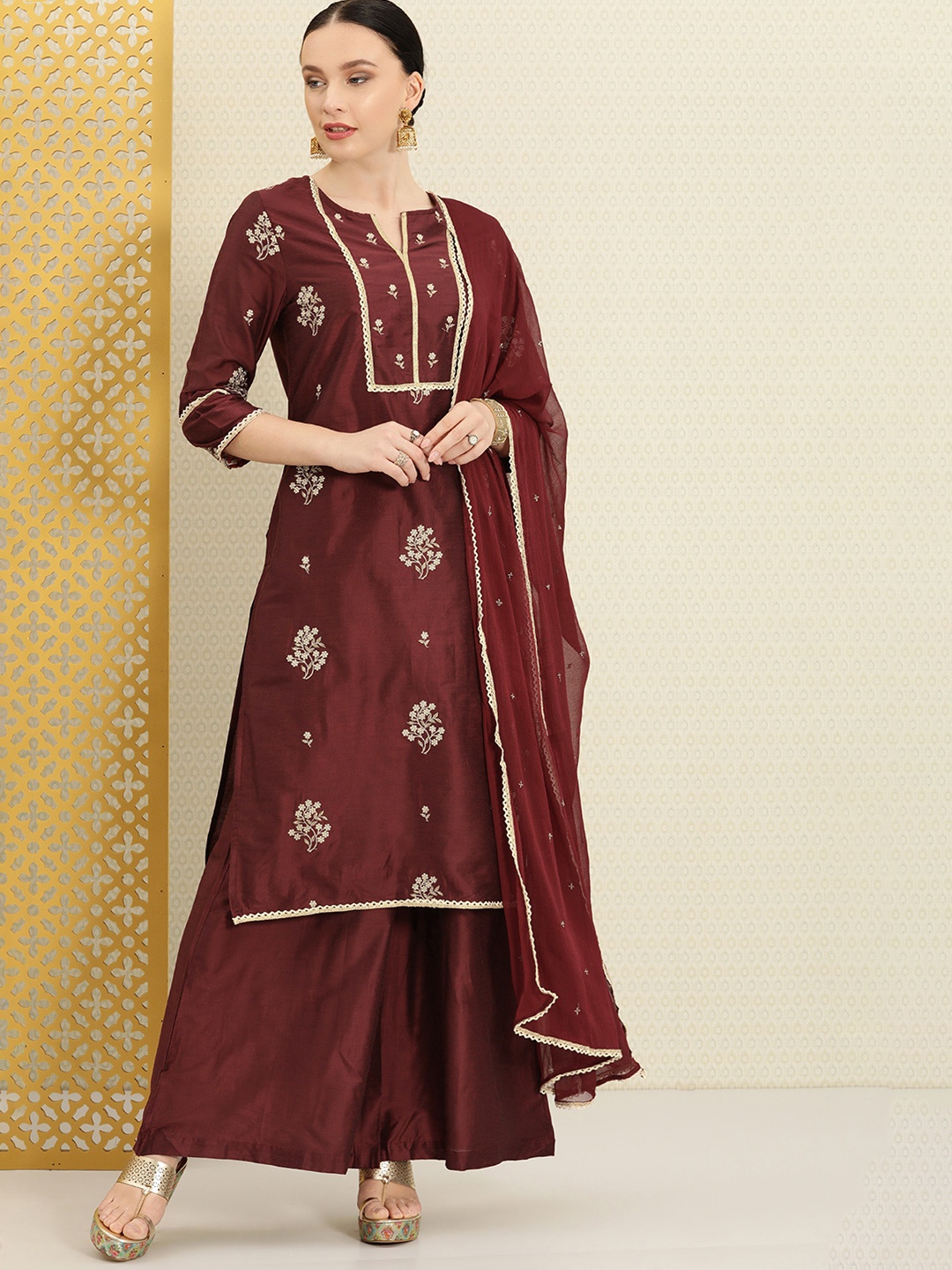 

House of Pataudi Maroon Zari Embroidered Empire Kurta With Palazzos & Dupatta