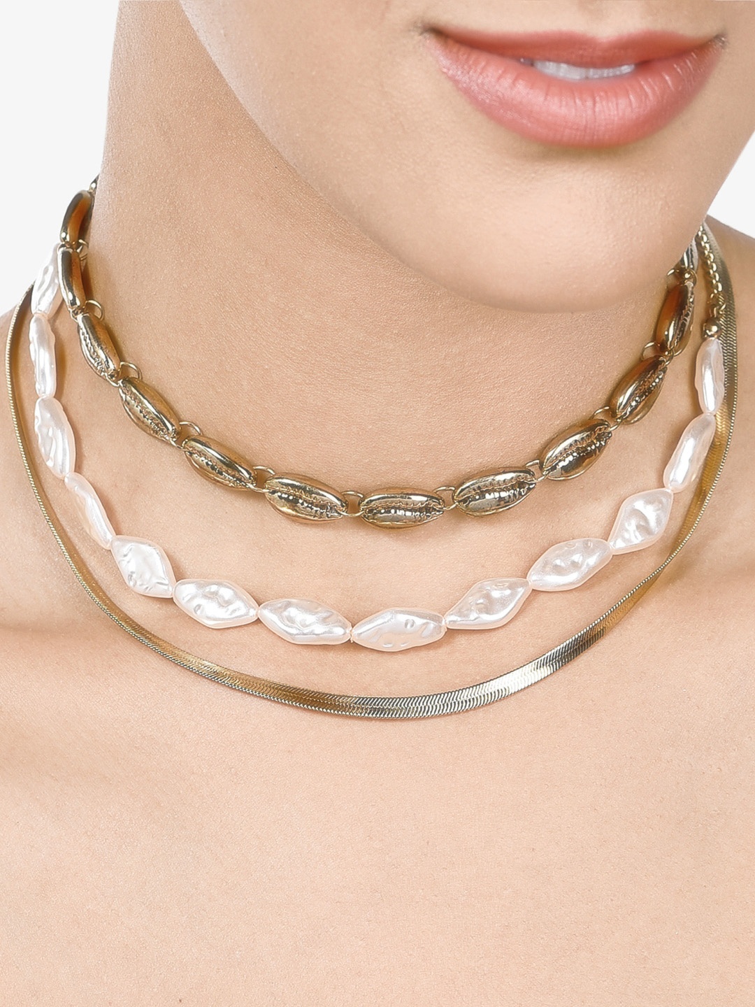 

AMI Gold-Plated Silver-Toned Pearls-Studded Layered Jewellery Set